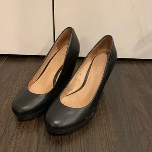 Black leather wedges